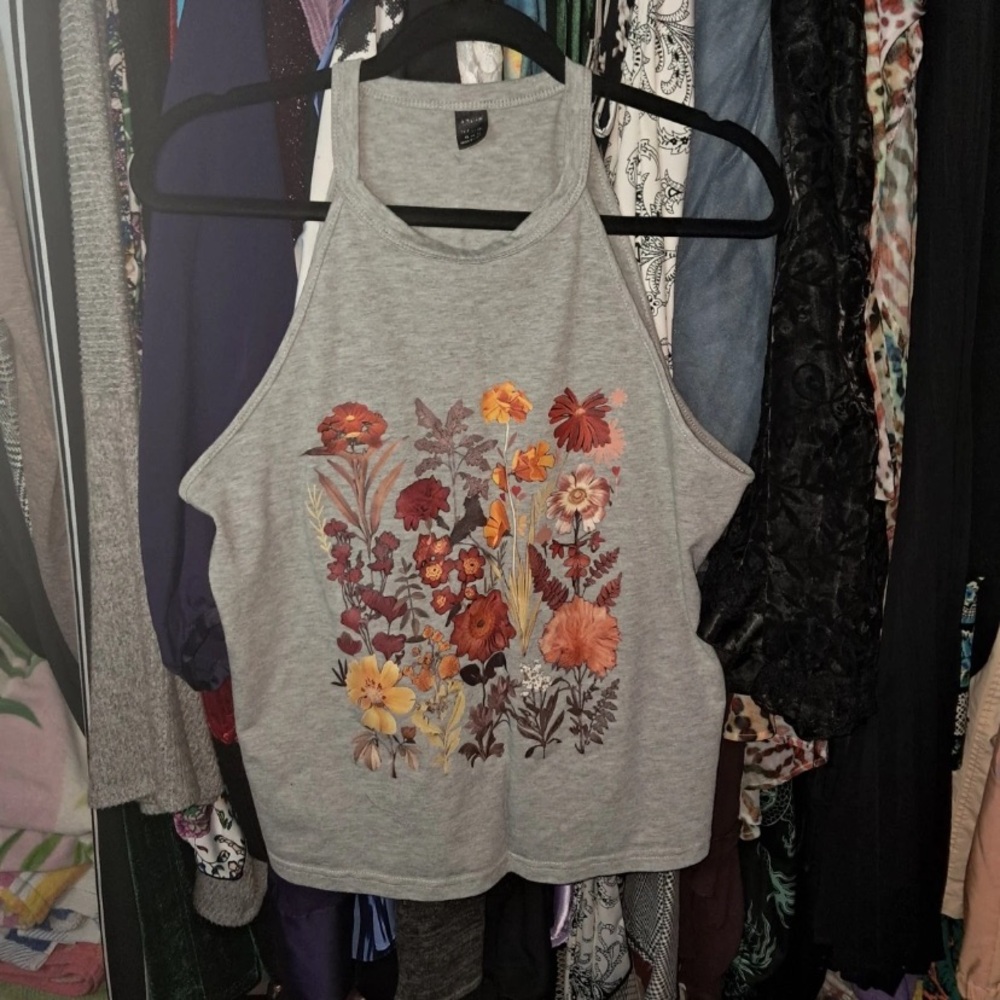 Gray Floral Halter Tank Top - Women's